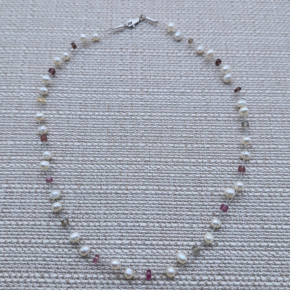 16 Inch Sterling Silver Handmade Pearls And Stones Necklace B795